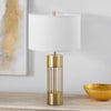 gold metal table lamp white fabric drum shade bedroom living room