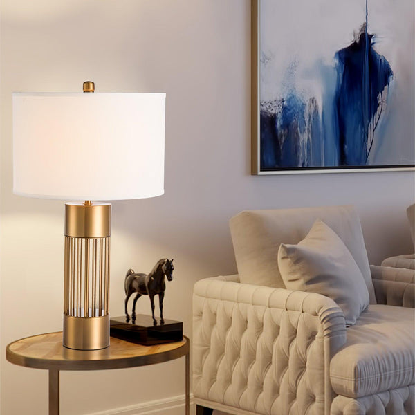 gold metal table lamp white fabric drum shade bedroom living room