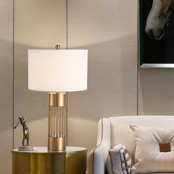 gold metal table lamp white fabric drum shade bedroom living room