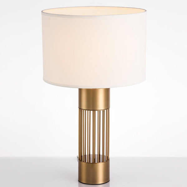 gold metal table lamp white fabric drum shade bedroom living room
