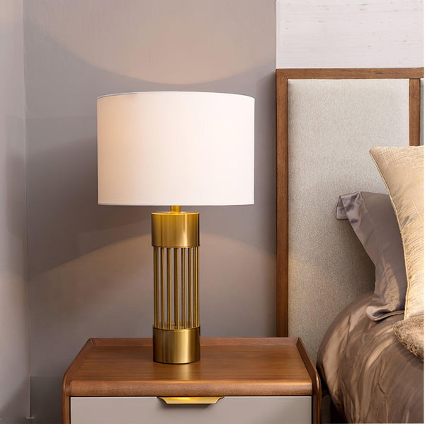 gold metal table lamp white fabric drum shade bedroom living room