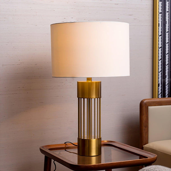 gold metal table lamp white fabric drum shade bedroom living room