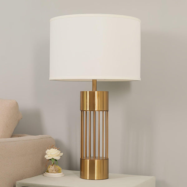 gold metal table lamp white fabric drum shade bedroom living room
