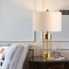 gold metal table lamp white fabric drum shade bedroom living room