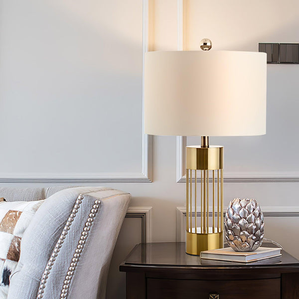 gold metal table lamp white fabric drum shade bedroom living room