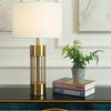 gold metal table lamp white fabric drum shade bedroom living room