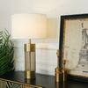 gold metal table lamp white fabric drum shade bedroom living room