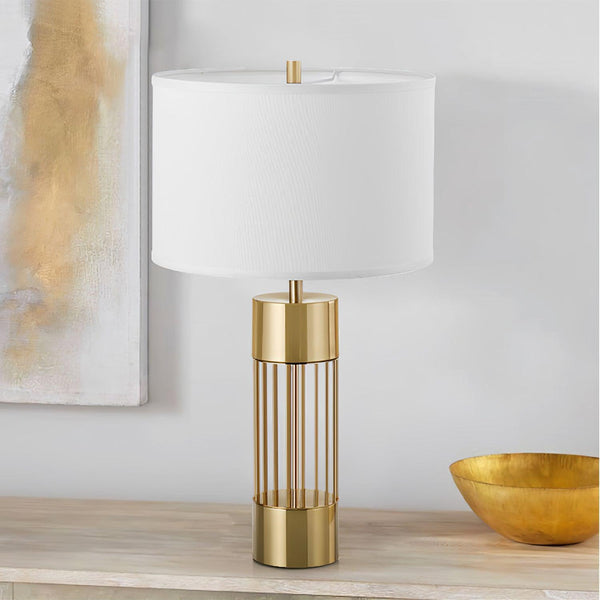 gold metal table lamp white fabric drum shade bedroom living room