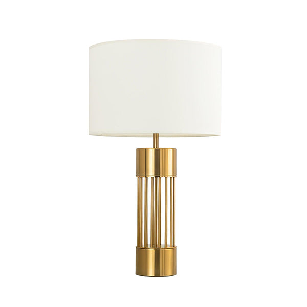 gold metal table lamp white fabric drum shade bedroom living room