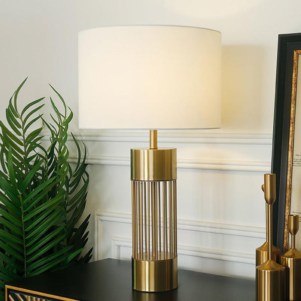 gold metal table lamp white fabric drum shade bedroom living room