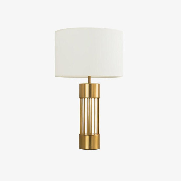gold metal table lamp white fabric drum shade bedroom living room
