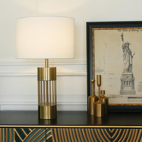 gold metal table lamp white fabric drum shade bedroom living room