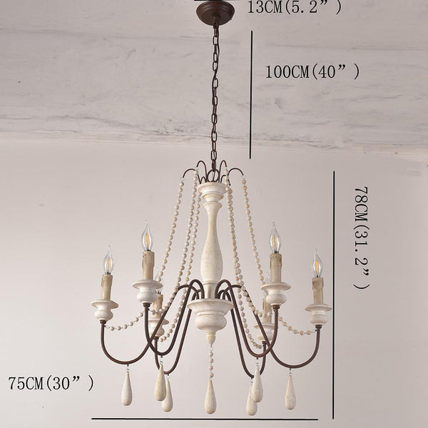 Rustic Farmhouse Wood Bead Chandelier With Teardrops Candle Style Lights