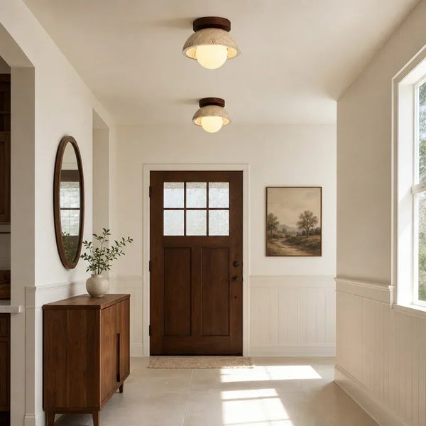 mid century cream travertine round flush mount ceiling light