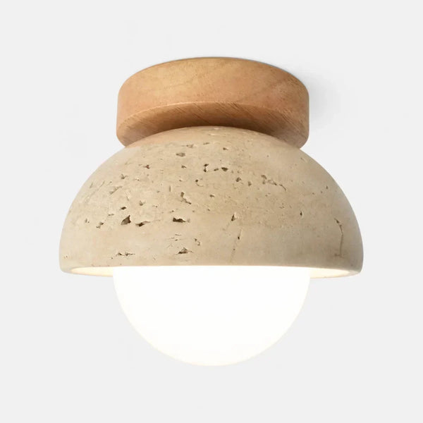 mid century cream travertine round flush mount ceiling light