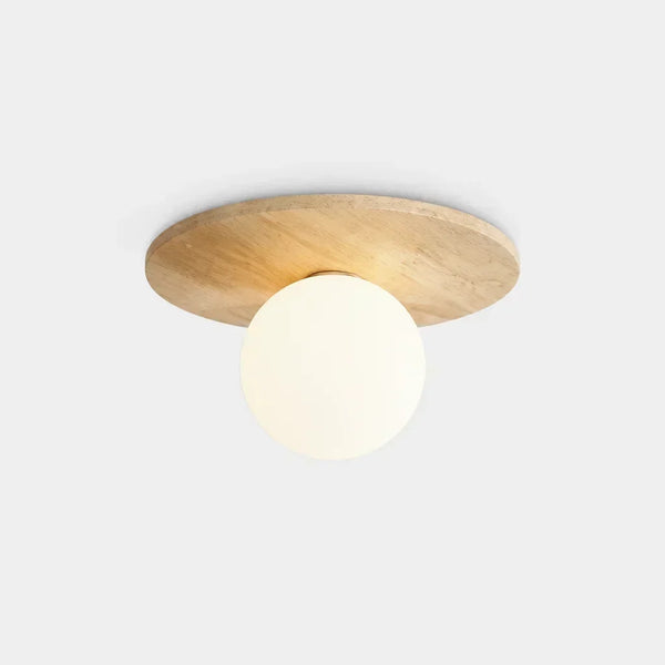 mid century cream travertine round flush mount ceiling light