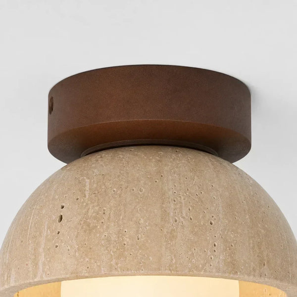 mid century cream travertine round flush mount ceiling light