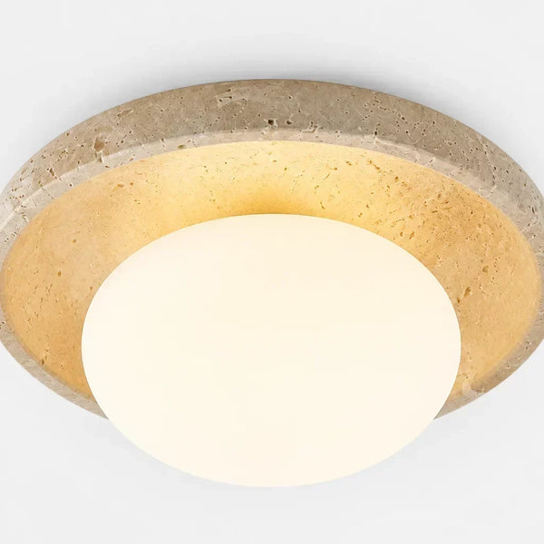 mid century cream travertine round flush mount ceiling light