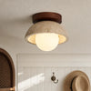mid century cream travertine round flush mount ceiling light