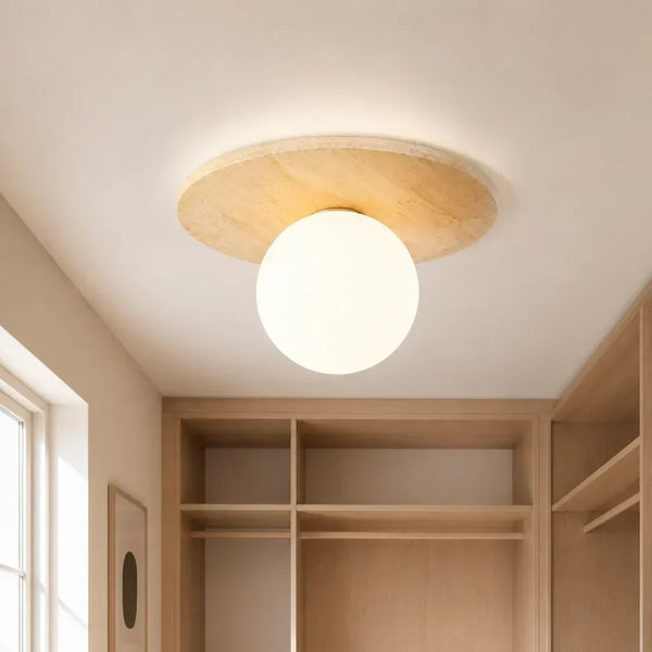 mid century cream travertine round flush mount ceiling light