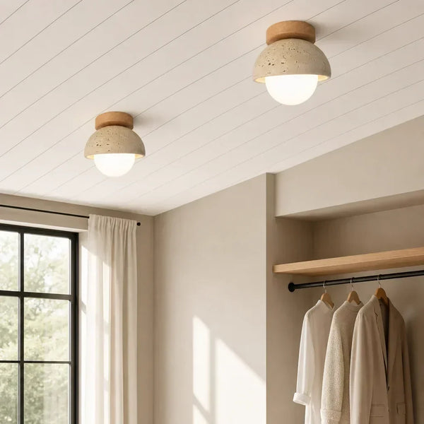 mid century cream travertine round flush mount ceiling light