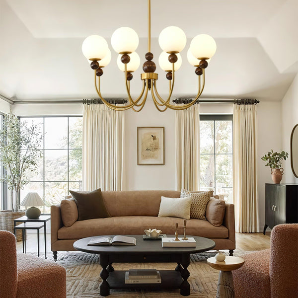 mid century walnut gold frosted glass globe chandelier