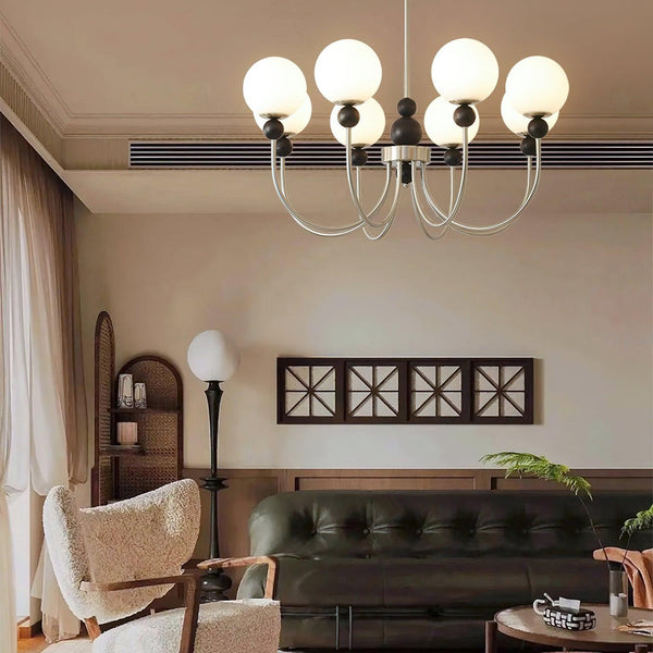 mid century walnut gold frosted glass globe chandelier