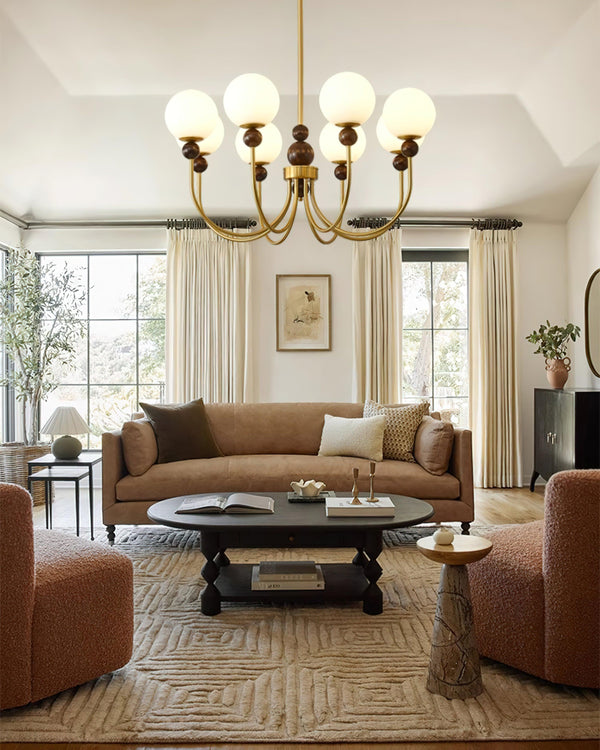 mid century walnut gold frosted glass globe chandelier