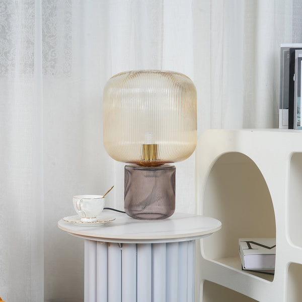 modern amber ribbed glass mushroom table lamp