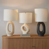 modern beige resin sculptural fabric table lamp