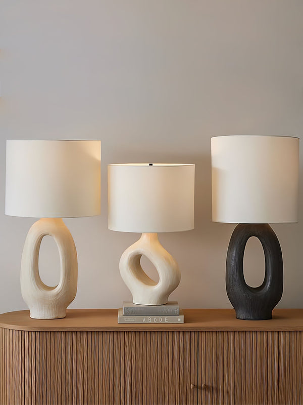 modern beige resin sculptural fabric table lamp