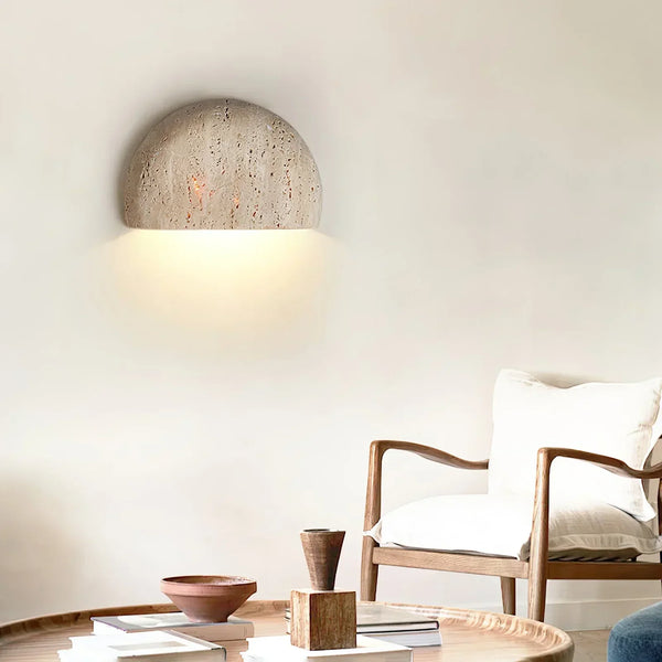 modern beige travertine arc bowl wall lamp