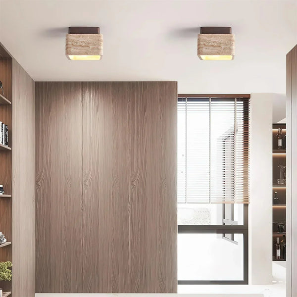 modern beige travertine cube flush mount ceiling light