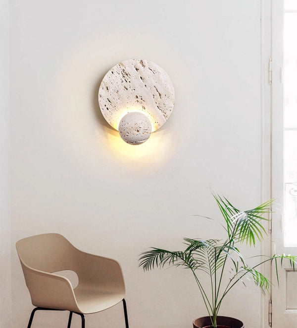 modern beige travertine disc led wall sconce