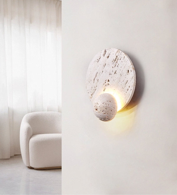 modern beige travertine disc led wall sconce