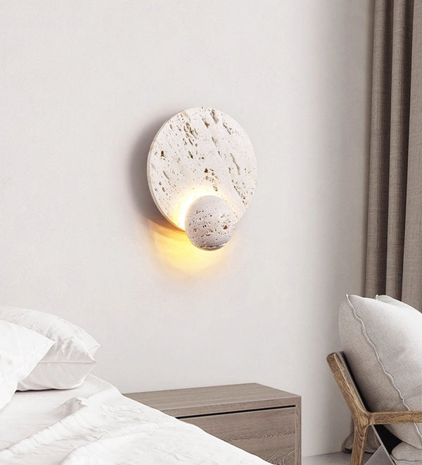 modern beige travertine disc led wall sconce