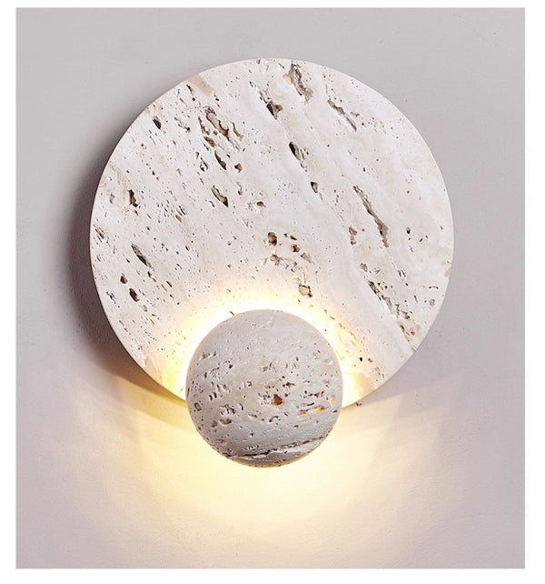 modern beige travertine disc led wall sconce