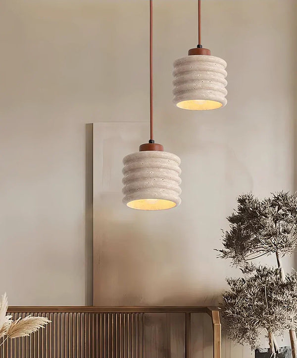 modern beige travertine wood column pendant lamp