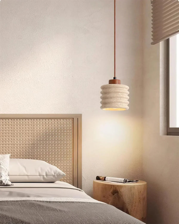 modern beige travertine wood column pendant lamp