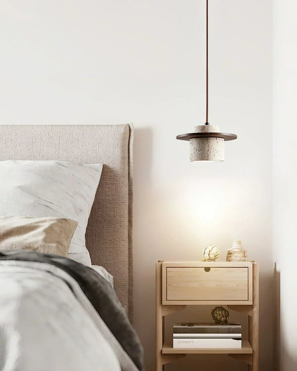 modern beige travertine wood cylinder pendant light