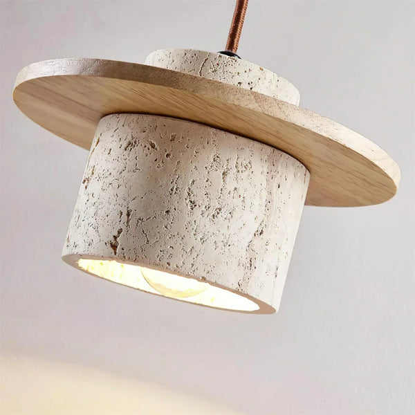 modern beige travertine wood cylinder pendant light