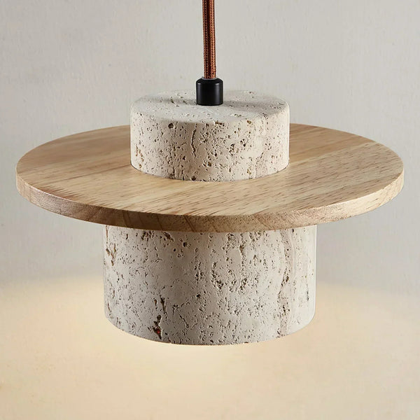 modern beige travertine wood cylinder pendant light