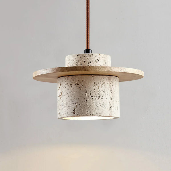 modern beige travertine wood cylinder pendant light