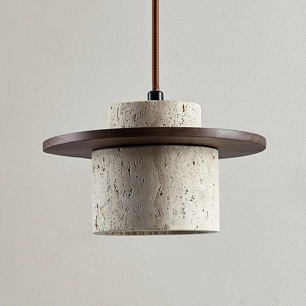 modern beige travertine wood cylinder pendant light