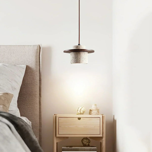 modern beige travertine wood cylinder pendant light