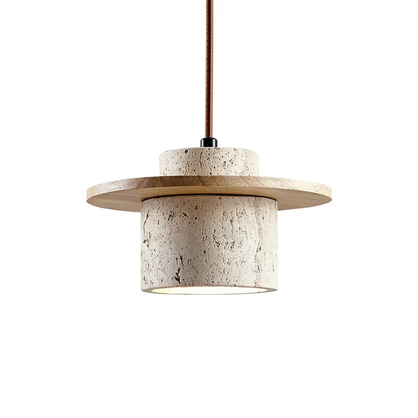 modern beige travertine wood cylinder pendant light