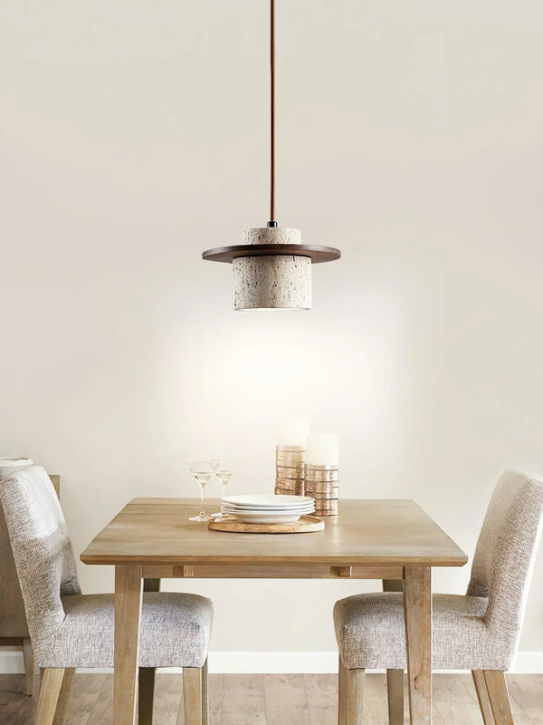 modern beige travertine wood cylinder pendant light