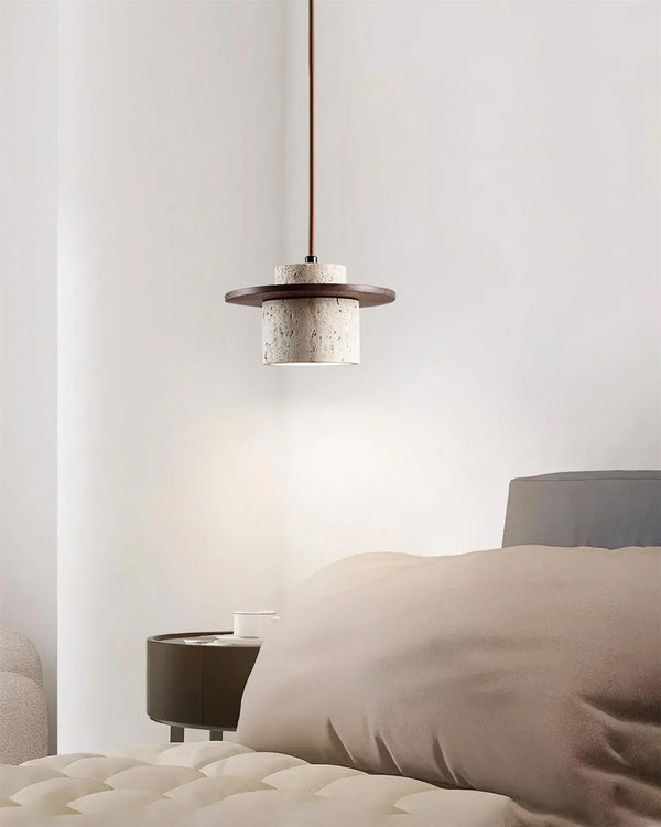 modern beige travertine wood cylinder pendant light