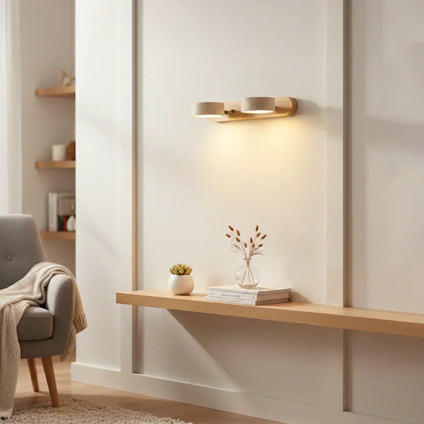 modern beige travertine wood duo led wall light
