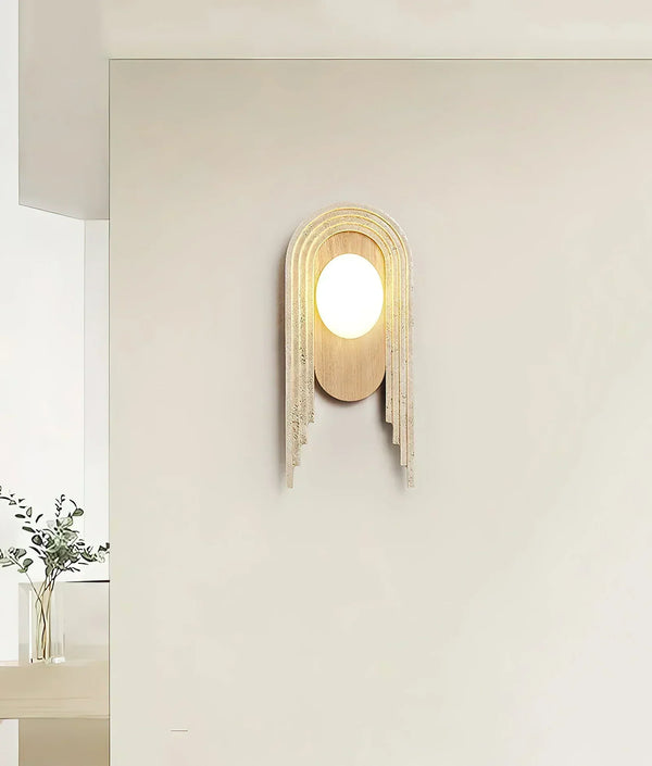 modern beige travertine wood glass wall light